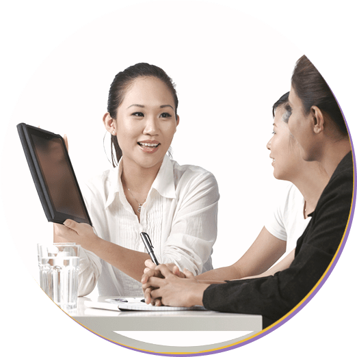 Woman showing off information tablet 